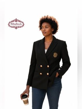 Vintage GILMOR Black Double Breasted Blazer Gold Crest Embroidered Jacket Sz  12